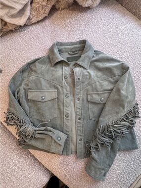 Fringe Suede Button-Front Jacket in Blue gray
